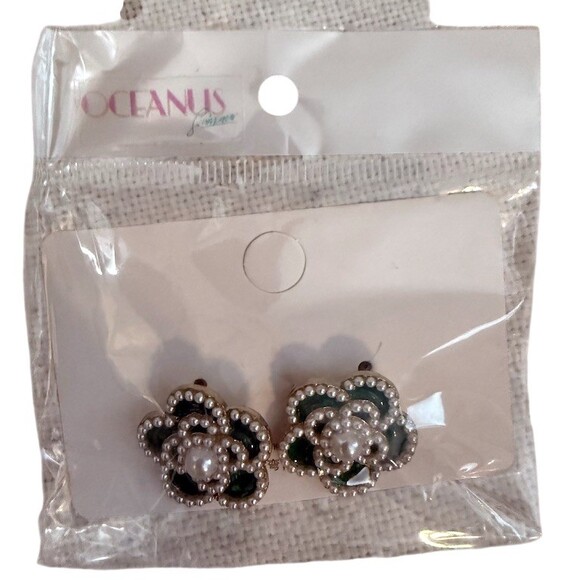 Oceanus Fashion Jewelry - Oceanus Fashion Earrings Green Flower Stud Faux Pearl Rhinestone Post Back